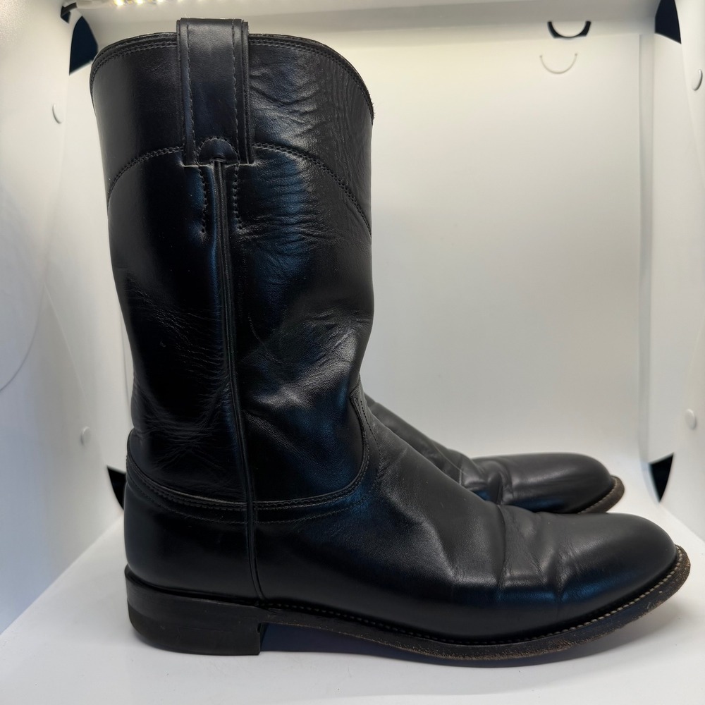 Justin 13703 Mens Black Leather Roper Cowboy Boots Round Toe USA Made 8.5 B